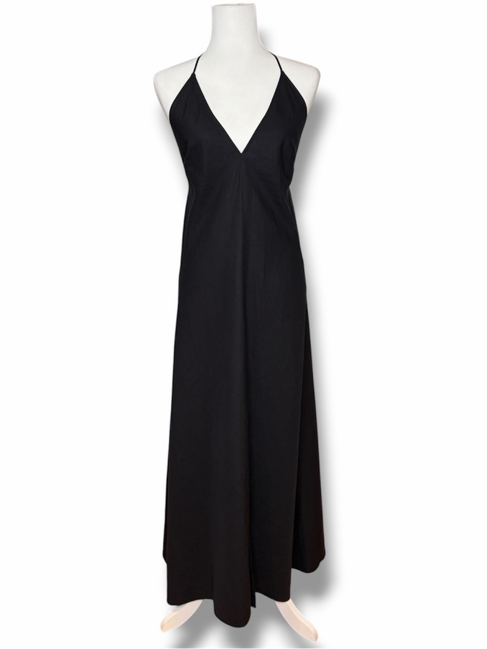 FRAME Open Lace-Up Back Black Halter Maxi Dress Linen Blend Size Large